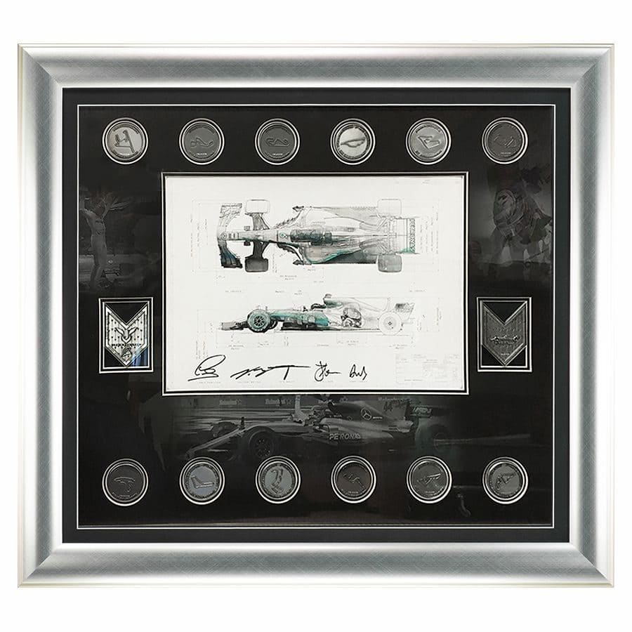 Lewis Hamilton Signed Mercedes 2017 Technical Drawing & Medals Display