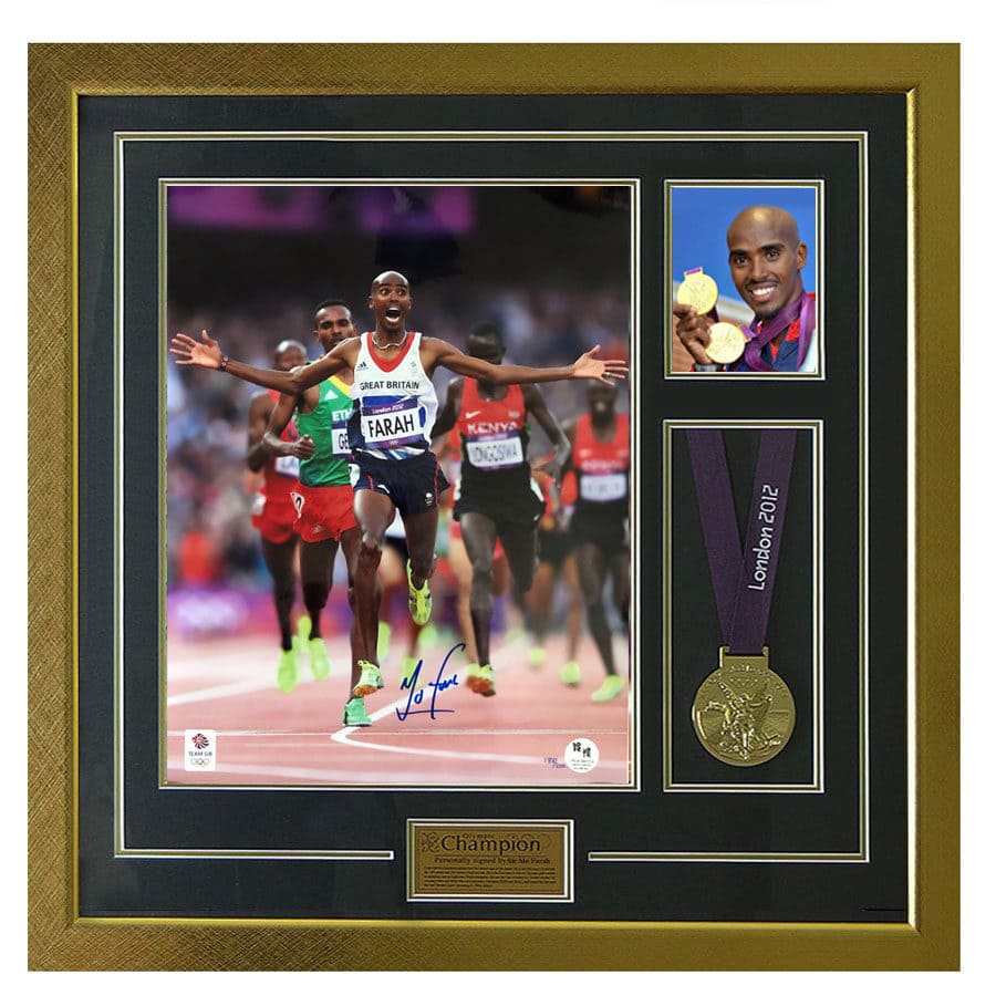 Sir Mo Farah Signed Olympic Photo and Replica Medals
