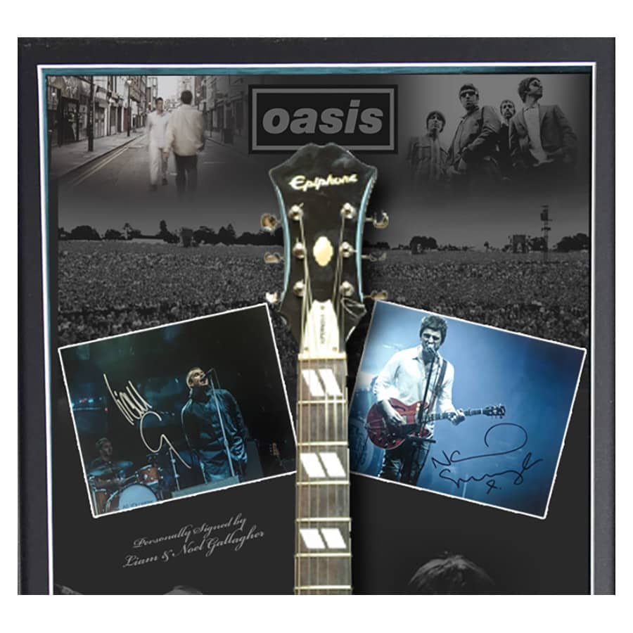 Oasis Signed Liam & Noel Gallagher Photo & Supernova Guitar Display