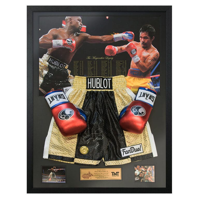 Floyd Mayweather Signed Shorts & Boxing Glove TMT Legacy Display