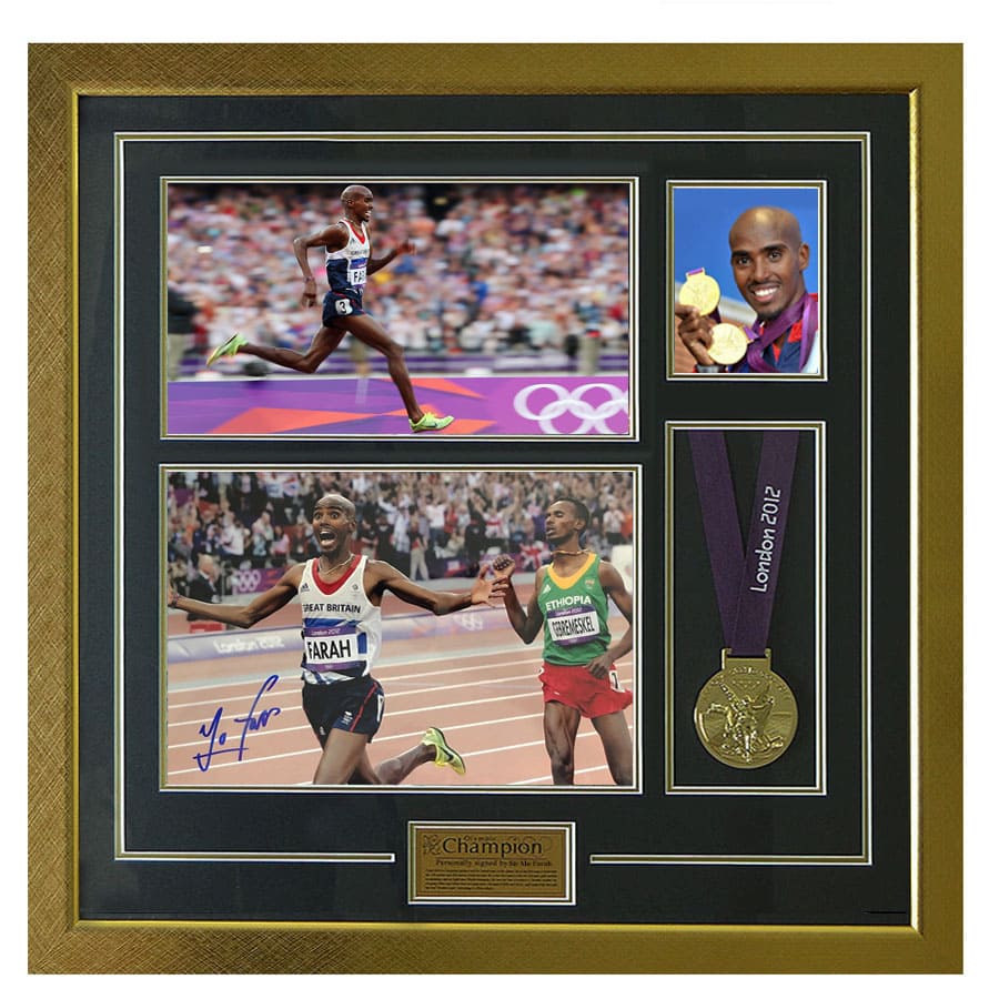 Mo Farah Signed 2012 Olympic Photo & Replica Medal