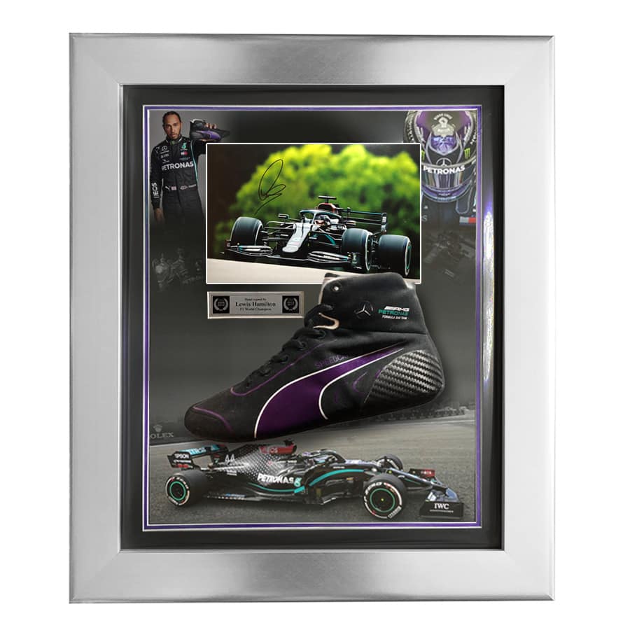 Lewis Hamilton Signed Photo With LH Puma F1 Boot 2020 Display