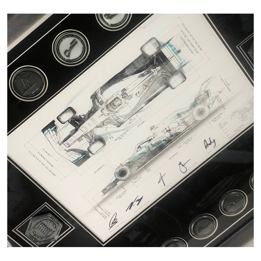 Lewis Hamilton Signed Mercedes 2019 Technical Drawing & Medals Display