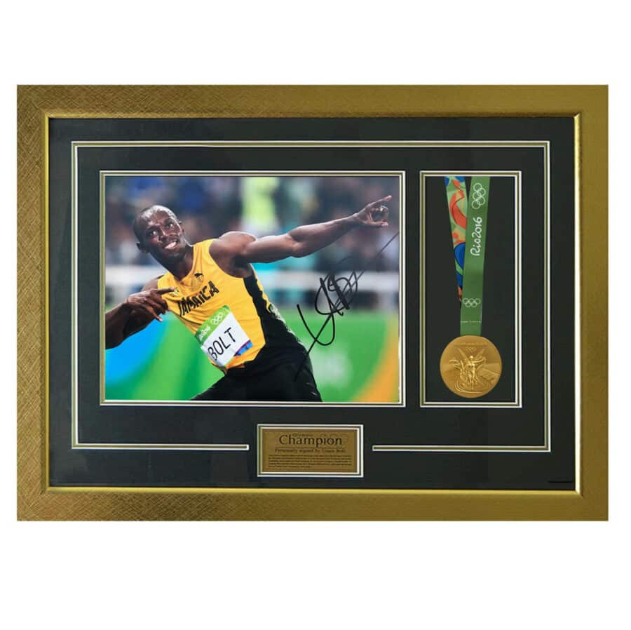 Usain Bolt Signed 2016 Rio Olympic Photo & Replica Medal
