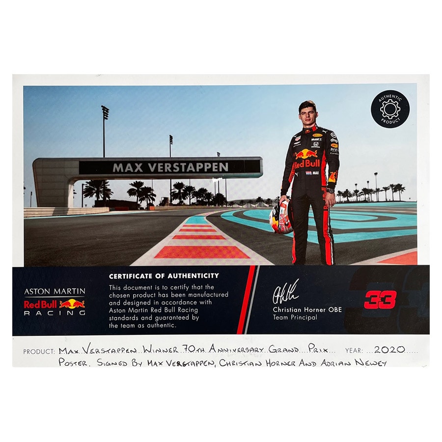 Max Verstappen, Adrian Newey & Christian Horner Signed 70th GP Display