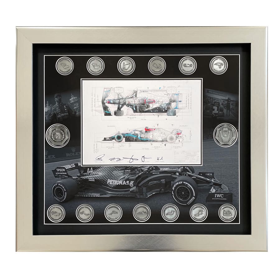 Lewis Hamilton Signed Mercedes 2020 Technical Drawing & Medals Display