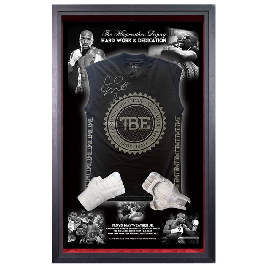 Floyd Mayweather Signed Training Vest & Used Hand Wraps - TMT Legacy Display