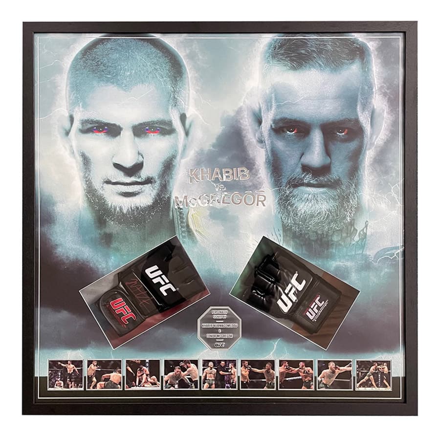 Conor McGregor & Khabib Nurmagomedov Signed UFC Gloves Display