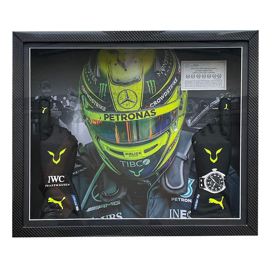 Lewis Hamilton Used & Signed Gloves 2022 - Carbon Fibre Frame Display