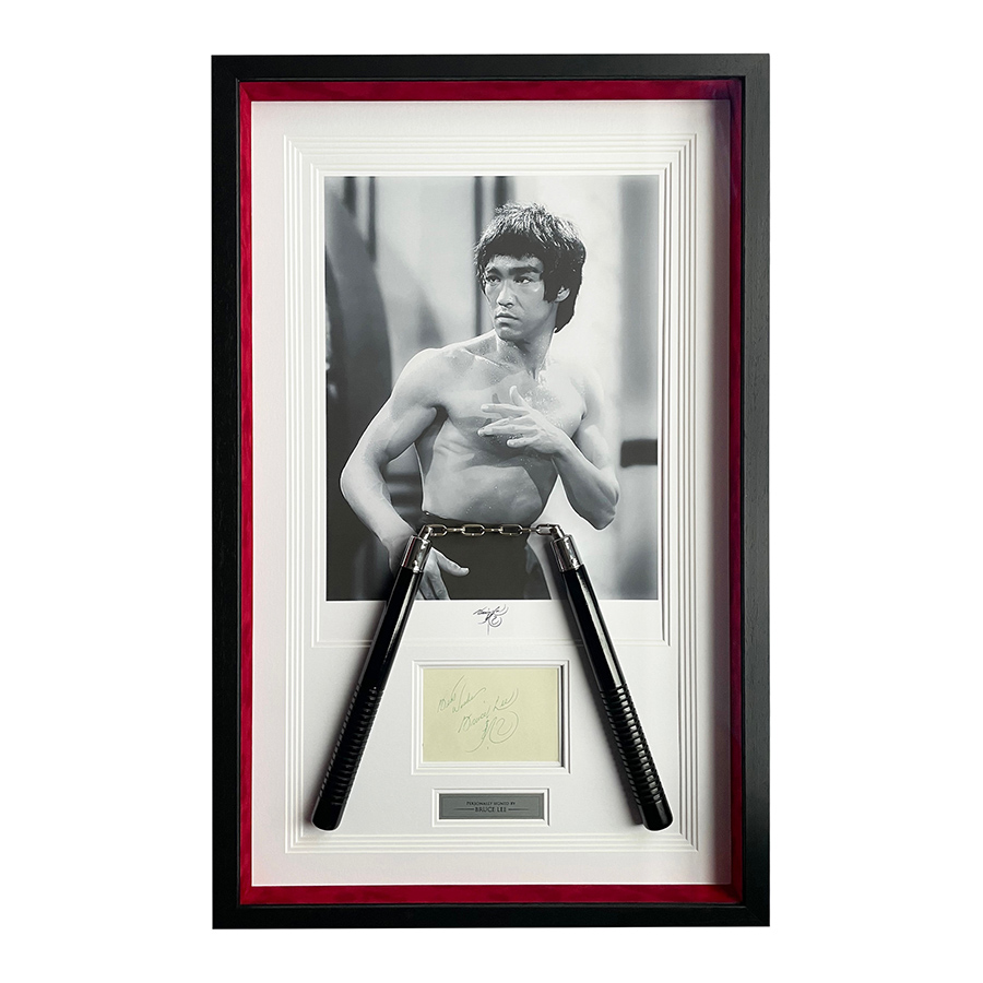 Bruce Lee Signed Framed Display With Replica Nunchaku