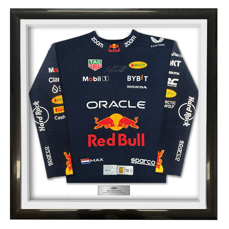 Max Verstappen Signed & Used 2024 Red Bull Racing F1 Nomex Framed Display