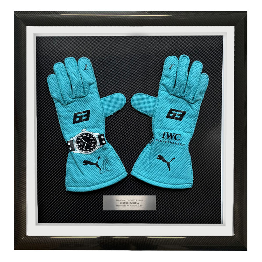 George Russell Used & Signed Gloves - Mercedes F1 Framed Display