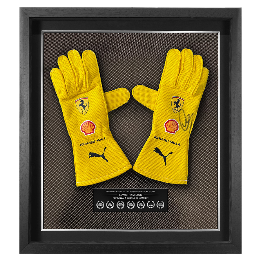 Lewis Hamilton Signed Ferrari F1 Silverstone GP Speedcat Gloves - Framed Display