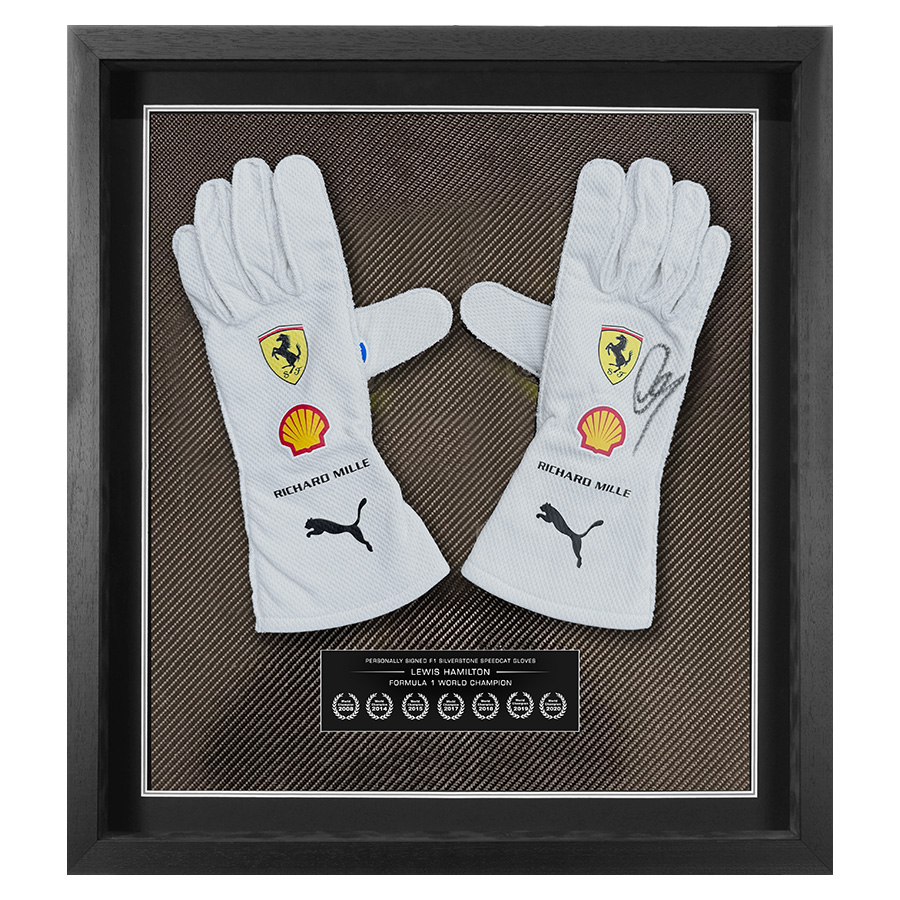 Lewis Hamilton Signed Ferrari F1 Miami GP Speedcat Gloves - Framed Display